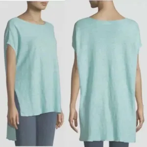 NWOT Eileen Fisher Melange Linen Bateau-Neck Poncho TopPale Turquoise Sz Medium