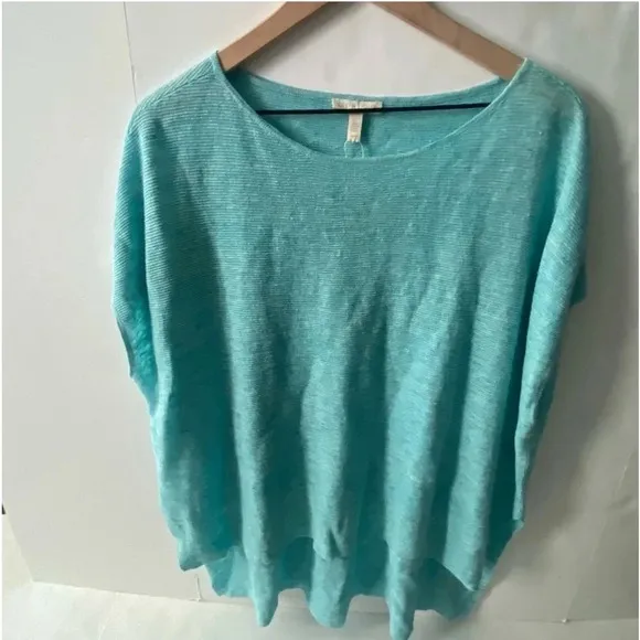 NWOT Eileen Fisher Melange Linen Bateau-Neck Poncho TopPale Turquoise Sz Medium