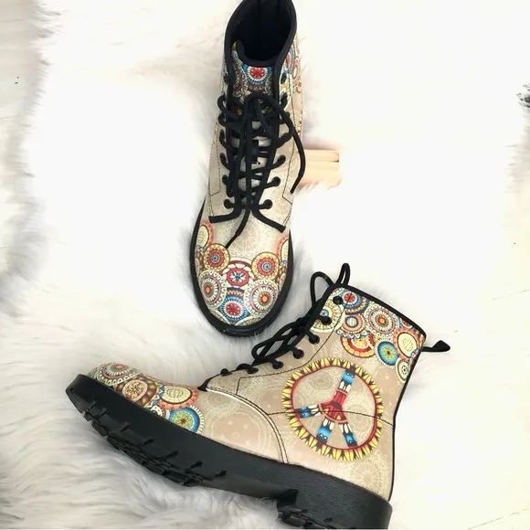 NWOT Tan Peace Mandala Vegan Leather Boots, 8
