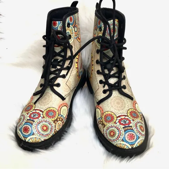 NWOT Tan Peace Mandala Vegan Leather Boots, 8