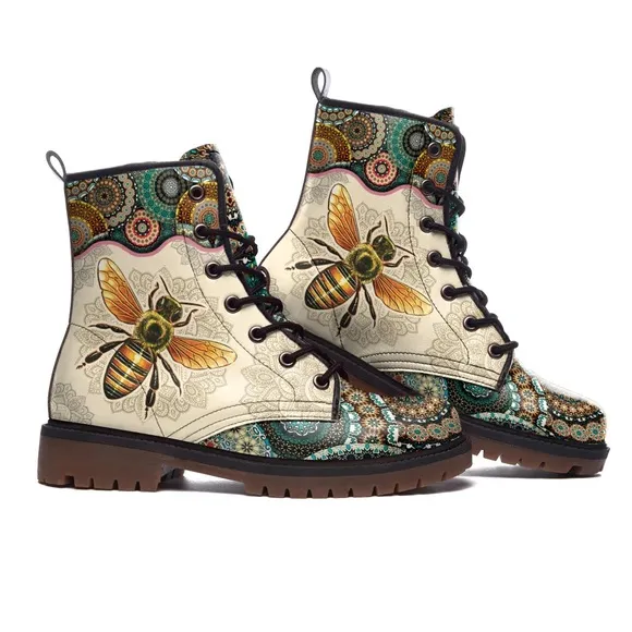 NWOT Tan Peace Mandala Vegan Leather Boots, 8