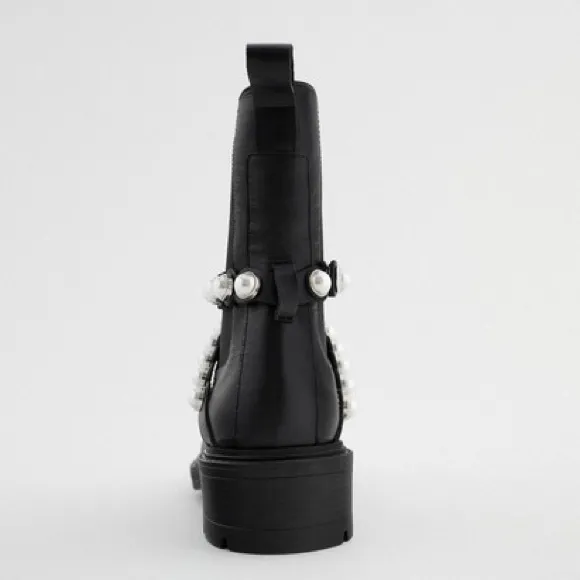NWOT- Zara Black Pearl Strap Low Heeled Leather Boot Size EU 36 - US 6. 2128/612