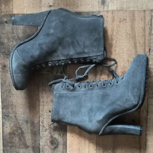 NWT All Saints Grimsby Asphalt Suede Leather Lace Up Tassel Heeled Ankle Boots