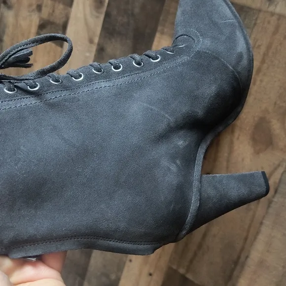 NWT All Saints Grimsby Asphalt Suede Leather Lace Up Tassel Heeled Ankle Boots