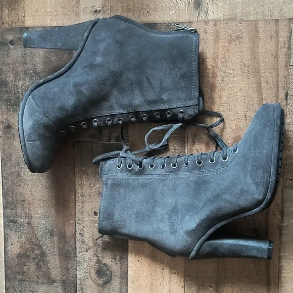 NWT All Saints Grimsby Asphalt Suede Leather Lace Up Tassel Heeled Ankle Boots