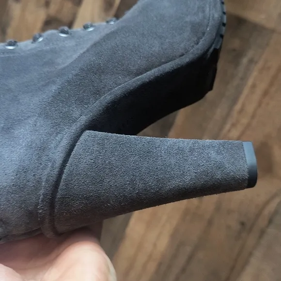 NWT All Saints Grimsby Asphalt Suede Leather Lace Up Tassel Heeled Ankle Boots