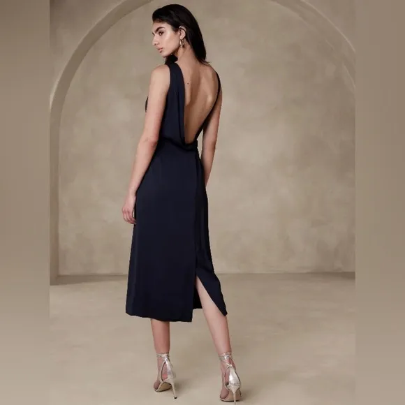 NWT! BANANA REPUBLIC HYPER NAVY ADA COWL-BACK SATIN MIDI DRESS 🦋