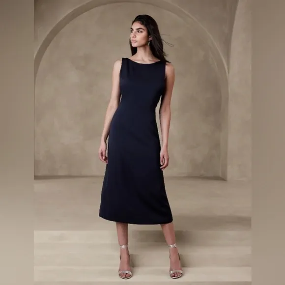NWT! BANANA REPUBLIC HYPER NAVY ADA COWL-BACK SATIN MIDI DRESS 🦋
