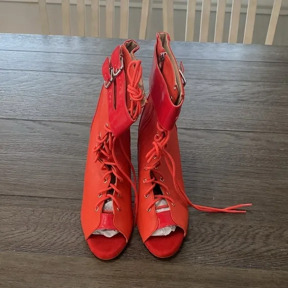 NWT BURJU Under The Influence Open Toe Lace Up Buckle Ankle Boots | Red …