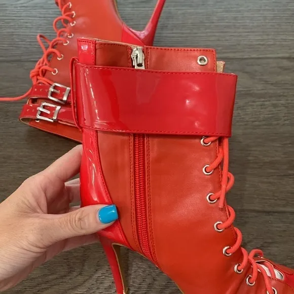 NWT BURJU Under The Influence Open Toe Lace Up Buckle Ankle Boots | Red …