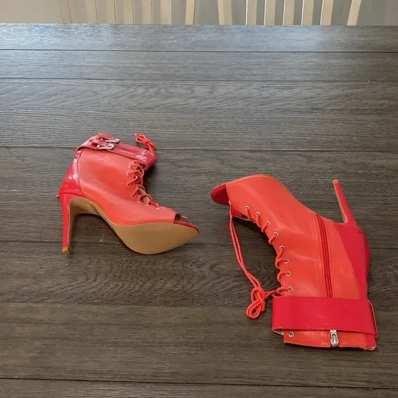 NWT BURJU Under The Influence Open Toe Lace Up Buckle Ankle Boots | Red …