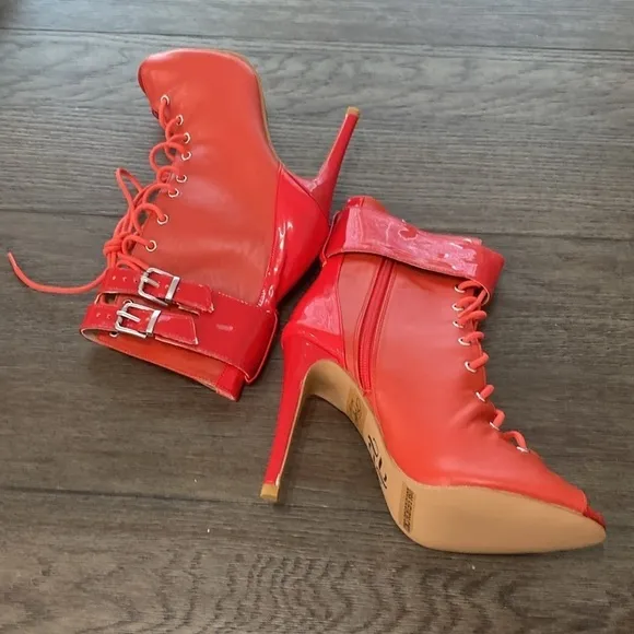 NWT BURJU Under The Influence Open Toe Lace Up Buckle Ankle Boots | Red …