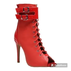 NWT BURJU Under The Influence Open Toe Lace Up Buckle Ankle Boots | Red …