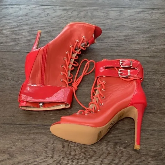 NWT BURJU Under The Influence Open Toe Lace Up Buckle Ankle Boots | Red …