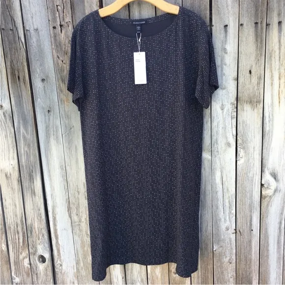 NWT Eileen Fisher Morse Code Shift Dress Tencel Lyocell Viscose Graphite Gray XS