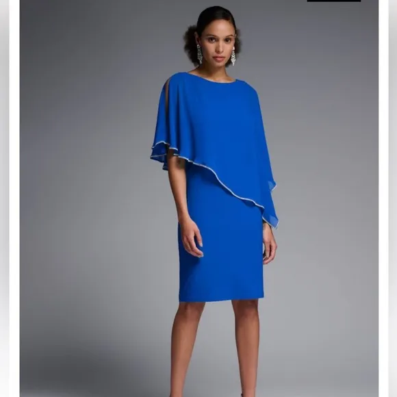 NWT JOSEPH RIBKOFFROYAL BLUE CHIFFON AND SILKY KNIT SHEATH DRESS - size 8
