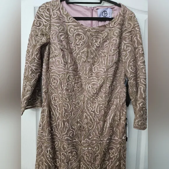 NWT JS Collectiond Soutache Embroidered Boat Neck Gown Maple Sugar  Sz 14