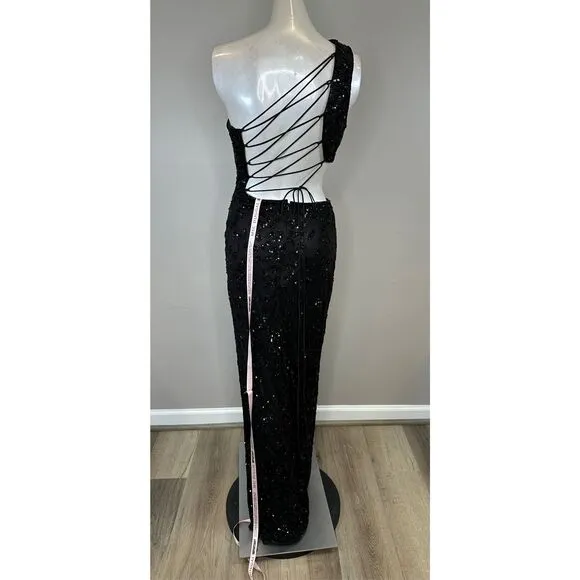 NWT Mac Duggal Sequin Embellished Strappy Back One Shoulder Gown Size 4 $458