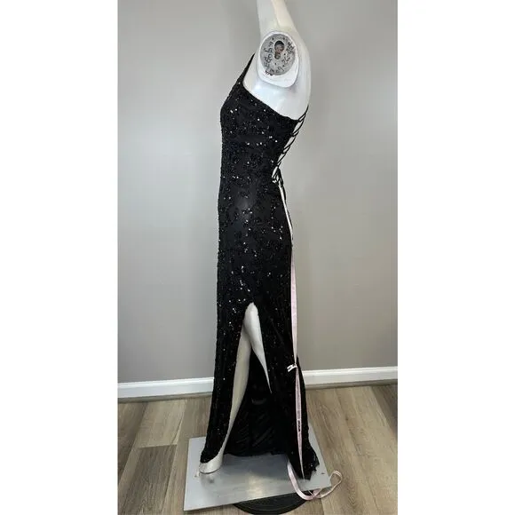 NWT Mac Duggal Sequin Embellished Strappy Back One Shoulder Gown Size 4 $458