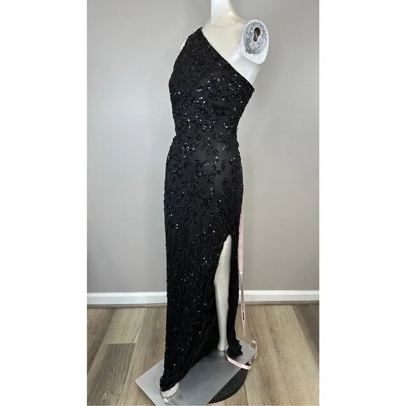 NWT Mac Duggal Sequin Embellished Strappy Back One Shoulder Gown Size 4 $458