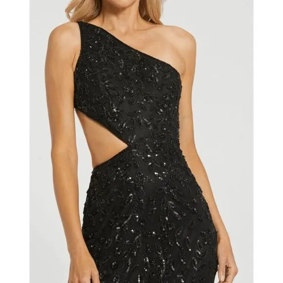 NWT Mac Duggal Sequin Embellished Strappy Back One Shoulder Gown Size 4 $458