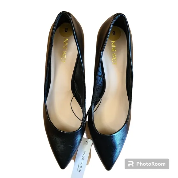 NWT NINE WEST Elise Size 8 Wide-Width Black Vegan Leather Pointed Toe Heels Shoe