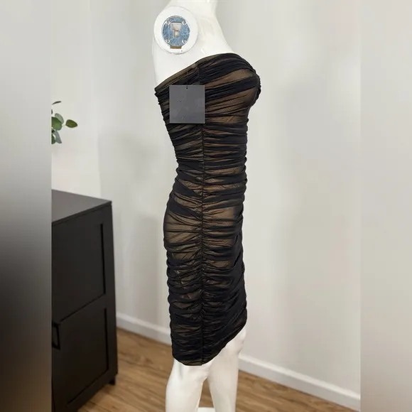 NWT Norma Kamali Walter Slim Strapless Sweetheart Shirred Mesh Dress Size Small