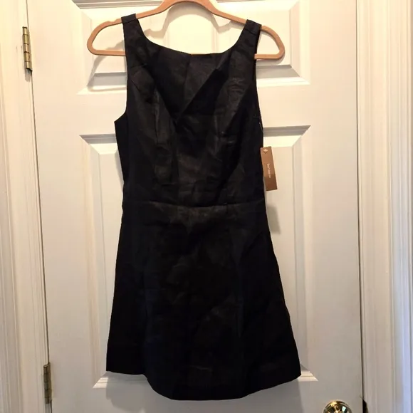 NWT OPT Dress 6 Mini Boat High Neckline Aspen Black 100% Linen Sleeveless Aline