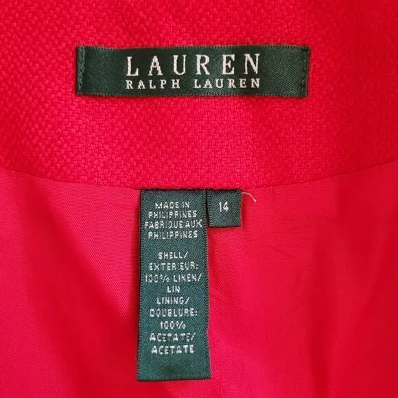 NWT Ralph Lauren 100% Linen Red Blazer Jacket Womens Size 14