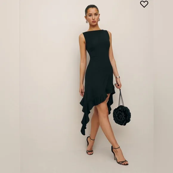 NWT Reformation Quinley Knit Dress in Black Size Medium - Boat Neck Asymmetrical