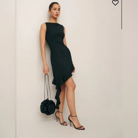 NWT Reformation Quinley Knit Dress in Black Size Medium - Boat Neck Asymmetrical