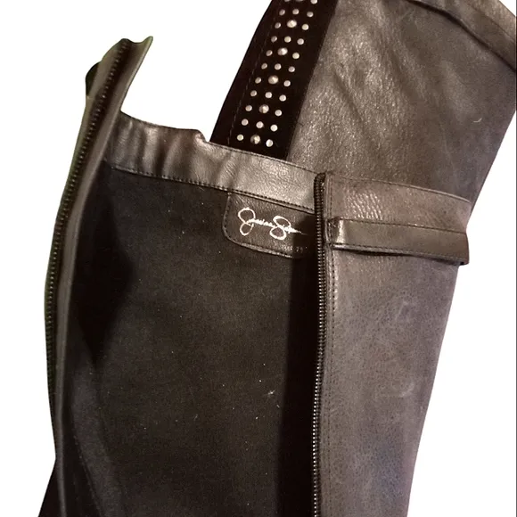 NWT Rockin Ellister Jessica Simpson Ovr-Knee Black, Studs, Zips, 1&quot; Heel Size 11