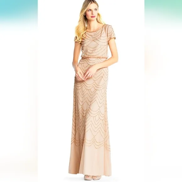 NWT Short Sleeve Blouson Beaded Gown (Champagne/Gold) - Adrianna Papell