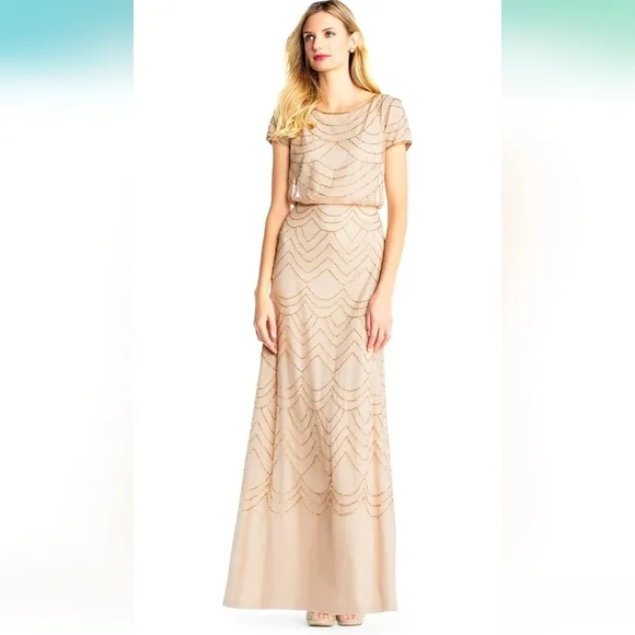 NWT Short Sleeve Blouson Beaded Gown (Champagne/Gold) - Adrianna Papell
