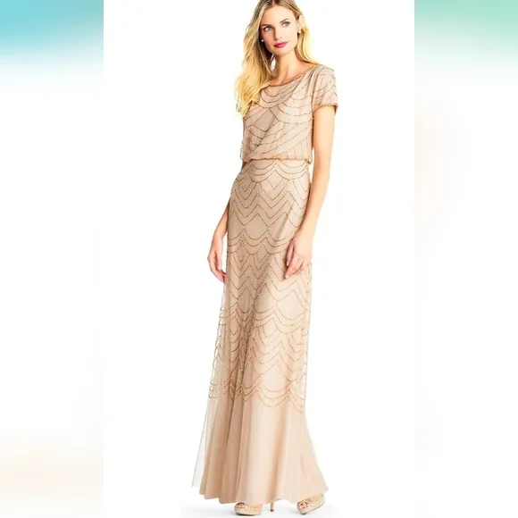 NWT Short Sleeve Blouson Beaded Gown (Champagne/Gold) - Adrianna Papell