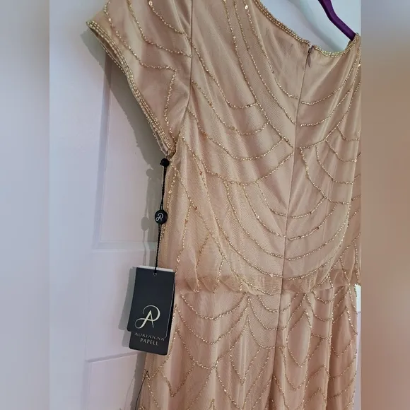 NWT Short Sleeve Blouson Beaded Gown (Champagne/Gold) - Adrianna Papell