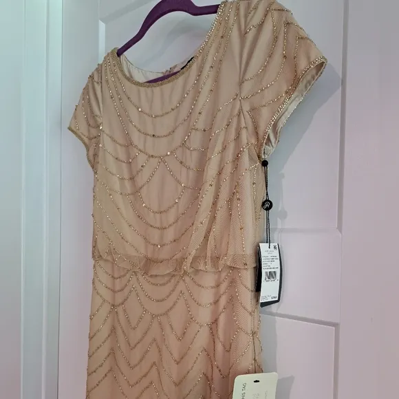 NWT Short Sleeve Blouson Beaded Gown (Champagne/Gold) - Adrianna Papell