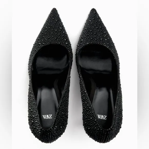 NWT. Zara Black Rhinestones High Heeled Shoes. Size 6,5, 7.(Eu38), 6