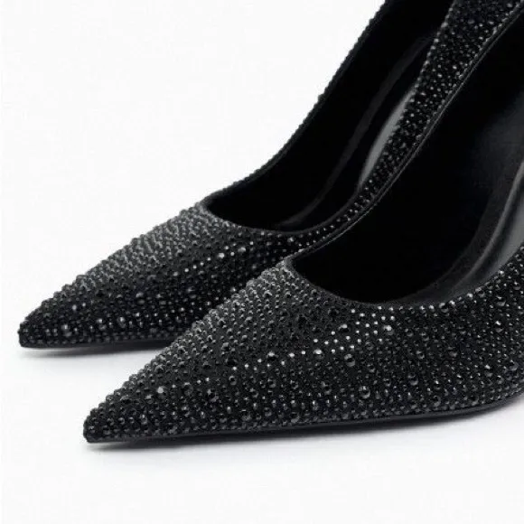 NWT. Zara Black Rhinestones High Heeled Shoes. Size 6,5, 7.(Eu38), 6