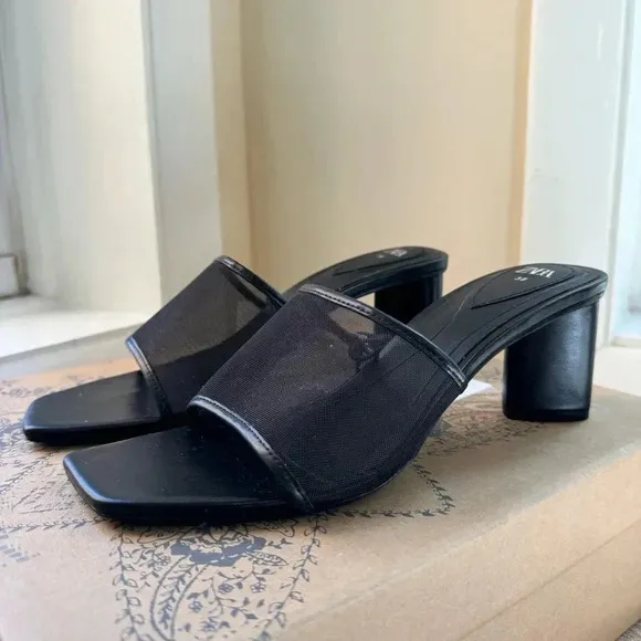 NWT Zara Mesh Heeled Sandals Mules Shoes Black 3334/310
