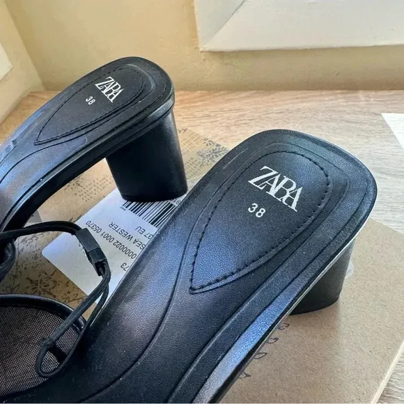 NWT Zara Mesh Heeled Sandals Mules Shoes Black 3334/310