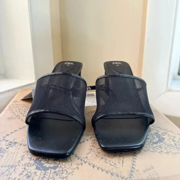 NWT Zara Mesh Heeled Sandals Mules Shoes Black 3334/310