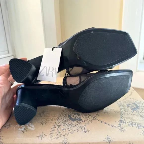 NWT Zara Mesh Heeled Sandals Mules Shoes Black 3334/310