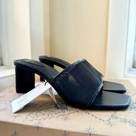 NWT Zara Mesh Heeled Sandals Mules Shoes Black 3334/310