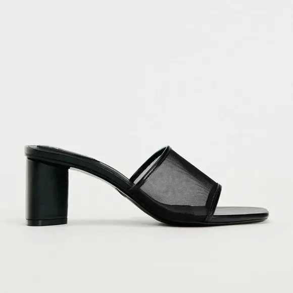 NWT Zara Mesh Heeled Sandals Mules Shoes Black 3334/310