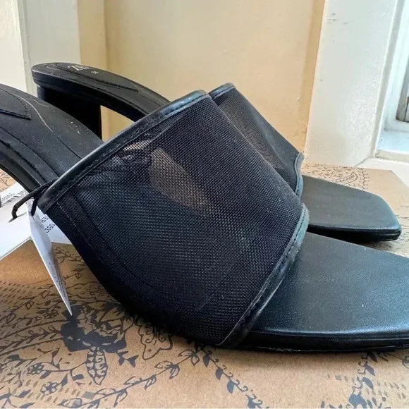 NWT Zara Mesh Heeled Sandals Mules Shoes Black 3334/310