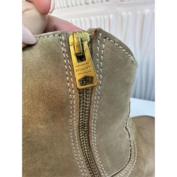NWT All Saints carlotta suede heeled side zip ankle boots in sand