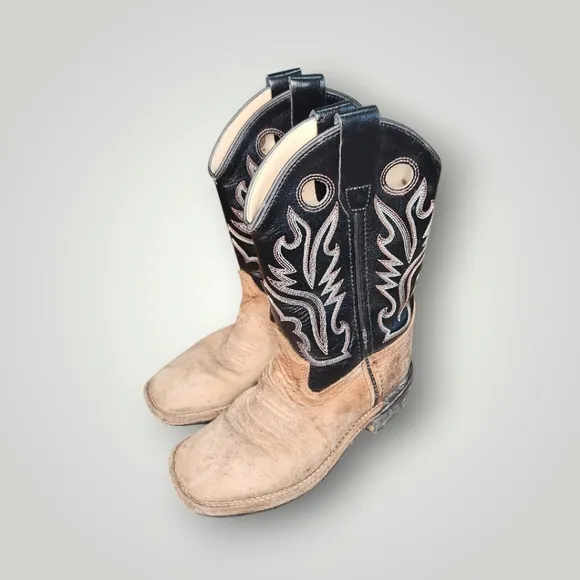 Old West BSC1814 Brown Leather Square Toe Kids Western Cowboy Boots Size 13 D