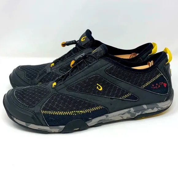 Olukai Eleu Trainer Water Shoes Black Mesh Quick Drying Flexible Bungee Laces