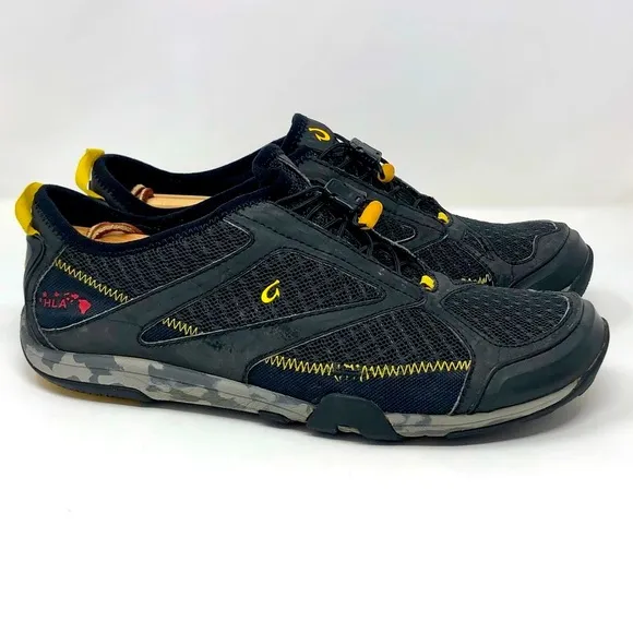 Olukai Eleu Trainer Water Shoes Black Mesh Quick Drying Flexible Bungee Laces